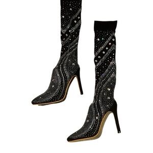 Black Crystal-Embellished Over-the-Knee Stiletto Boots